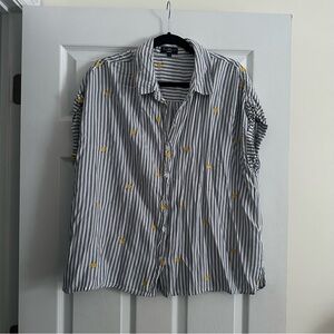 Size 1X Velvet Heart Blue and White Stripe with Yellow Embroidered Flowers Shirt